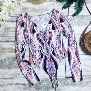 Free People Paisley Pink Purple Hues Long Sleeve Bodysuit Blouse​ NWT